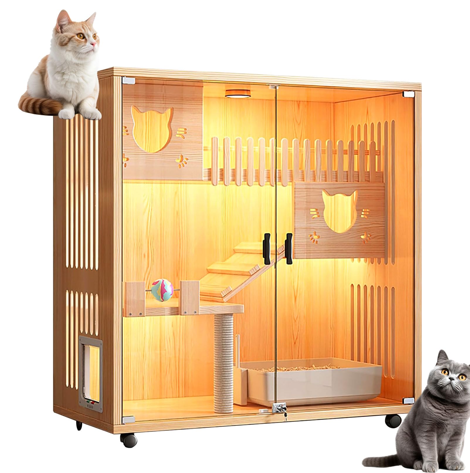 Amazon.co.jp: Pxkmouy 天然木猫ハウス キャットハウス 自在車輪付き 