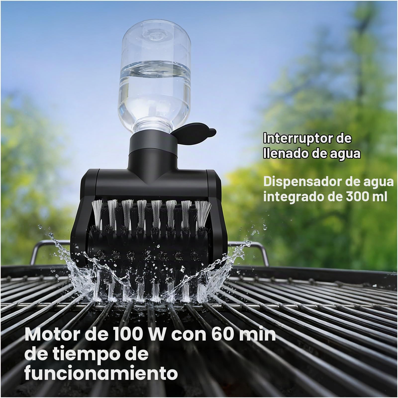 Cepillo Eléctrico para Parilla con Depósito de Agua 300ml de MMOBIEL – Limpiador Barbacoa Inalámbrico con 2 Velocidades, Motor 100W, Recargable USB-C, Mango Ergonómico, Funda y Guantes