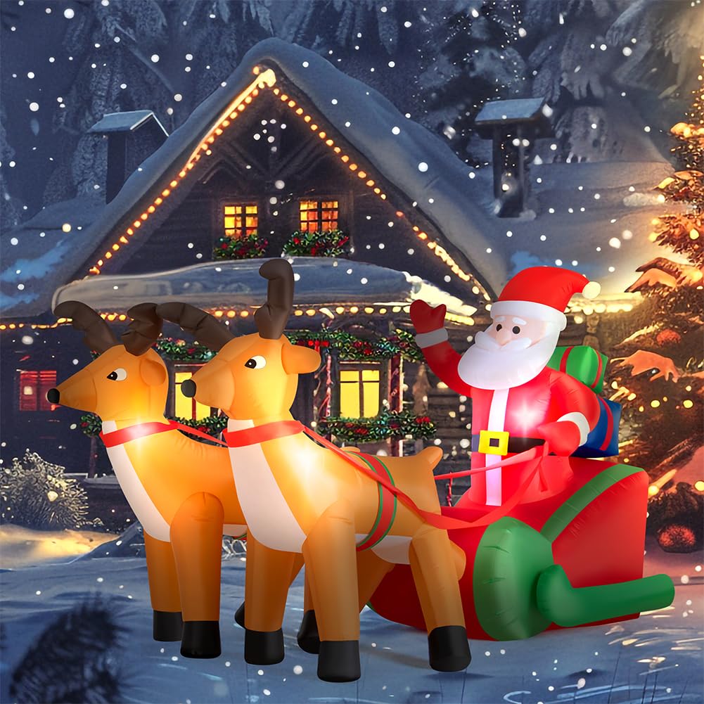 BAKAJI Babbo Natale Gonfiabile su Slitta con 2 Renne, Decorazione Natalizia Autogonfiabile, Lunghezza 240 cm con Kit di Fissaggio per Esterno, Illuminazione LED con Protezione IP44, Addobbo Natalizio