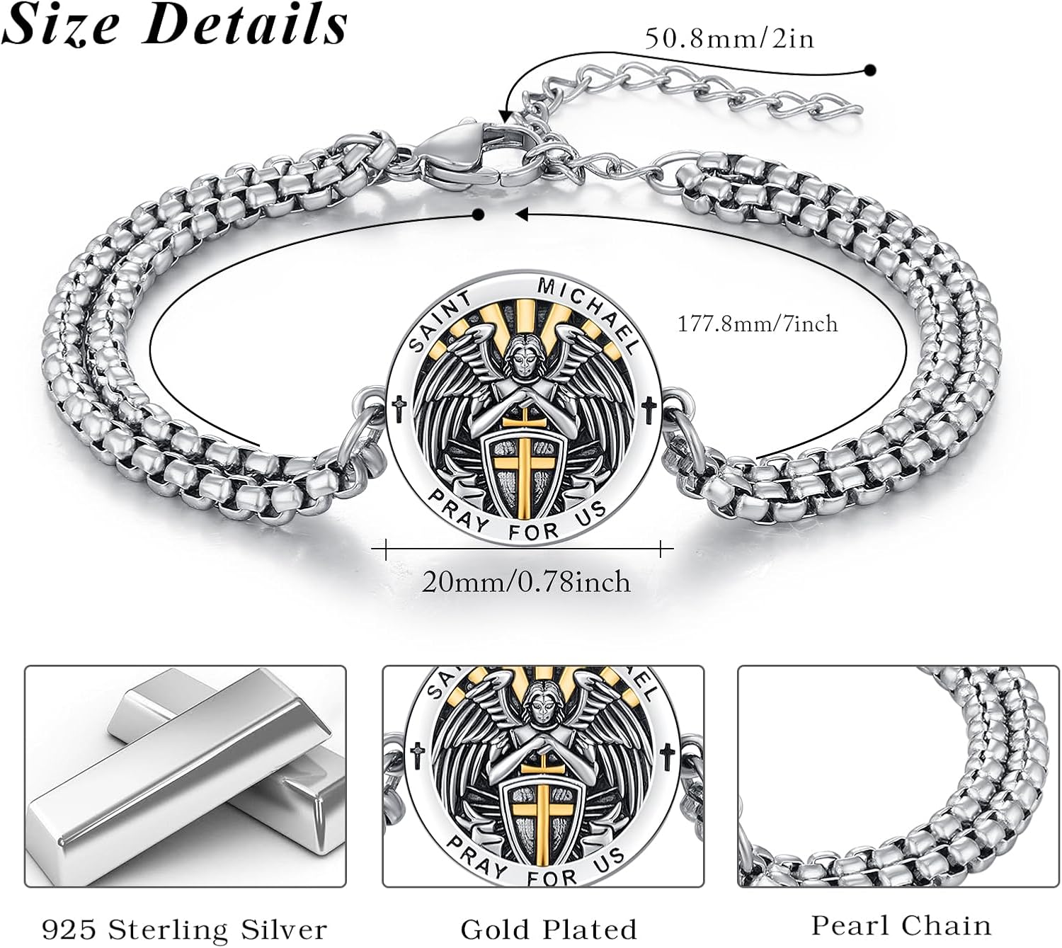 St. Michael Bracelet 925 Sterling Silver, Oxidized Gold Plated Religious Protection Jewelry, Archangel Catholic Christian Gift for Men & Women - Image 4