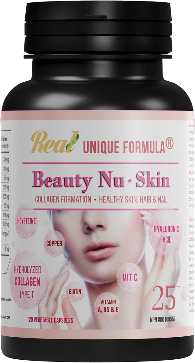 Unique Formula Beauty Skin 25+ Made in Canada with Hydrolyzed Collagen Type I, Hyaluronic Acid, L Cysteine, Vitamins C, A, B5, E & Biotin, Copper, Complete Nutrients for Healthy Skin, Nails, Hair, Glowing look, 120 Veg Capsules