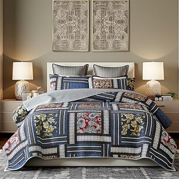 3 pc Patchwork Striped Quilt Set Lightweight Bedspread Coverlet Bedding Set for All Season Navy Blue Floral, King 104x90 inches
