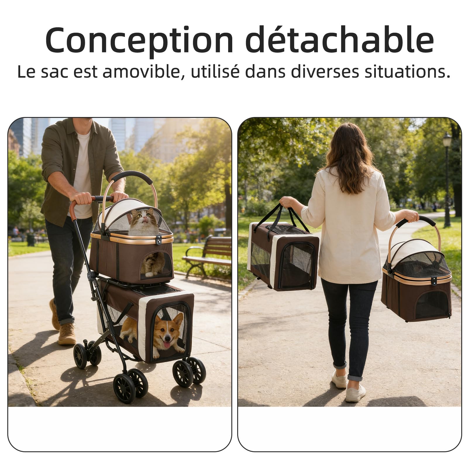 OHMG 3 en 1 Poussette Pliable à 2 étages avec fenêtre en maille et porte-gobelet, pour animaux de compagnie jusqu'à 16 kg, pour 2 petits chiens, chats,4 Roues