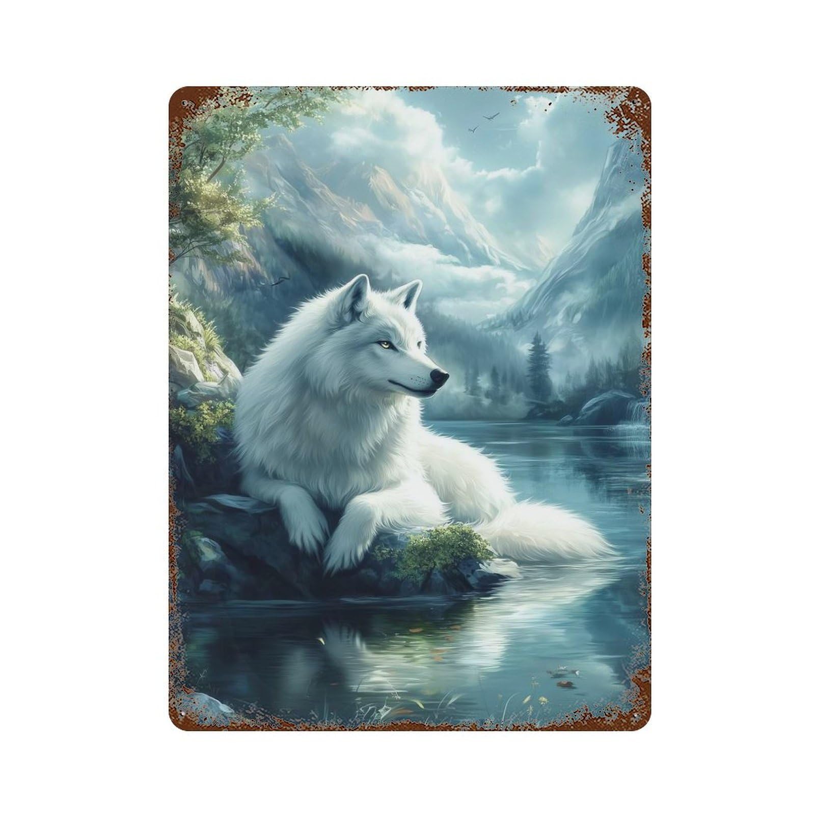 Garage Style White Wolf by The Lake Vintage Rust Metal Sign 15.7"x11.8", Industrial Home Decor for Bar And Workshop