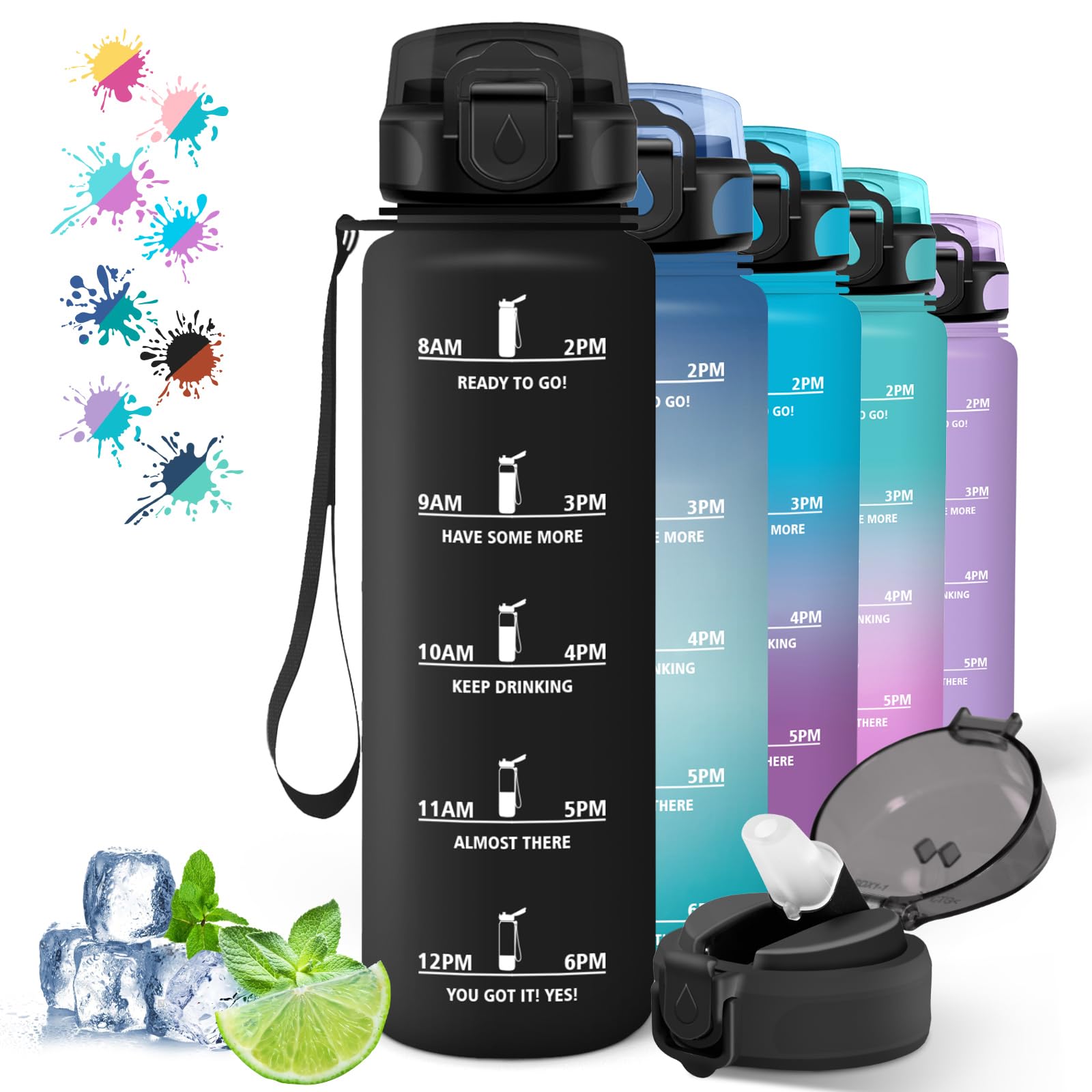 Grsta Black Water Bottle 1 Litre, Water Bottle With Straw, Sports Water Bottle With Motivational Slogan, Leak-Proof Water Bottle With Time Marking, Water Bottle For Bike, Camping, Hiking, Running,