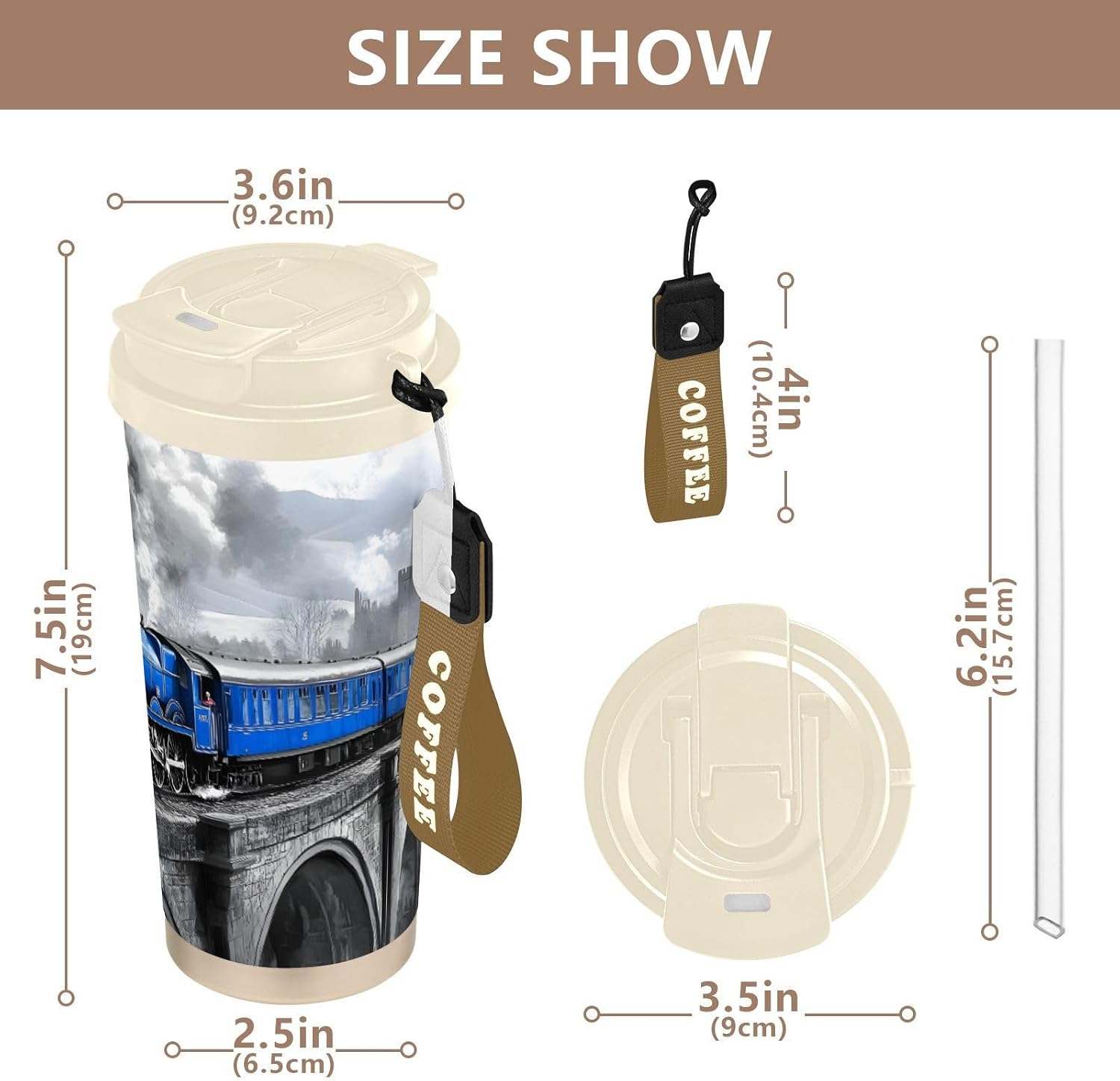 Steam Train Vintage Insulated Coffee Mug with Straw & Flip Lid, 16.9oz Iced Tumbler Cup, Double Wall Vacuum Leak-Proof Mug for Travel Office