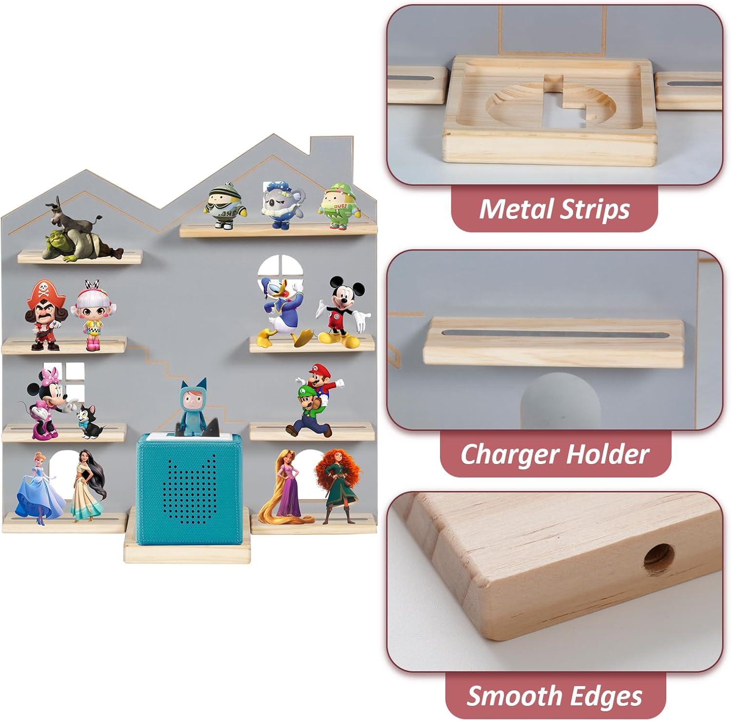 Large Tonie Shelf House for Toniebox,Magnetic Wooden Floating Shelves Compatible with Tonie Accessories, Characters & Figures, Display Collection，Tonie Shelf（Grey L）