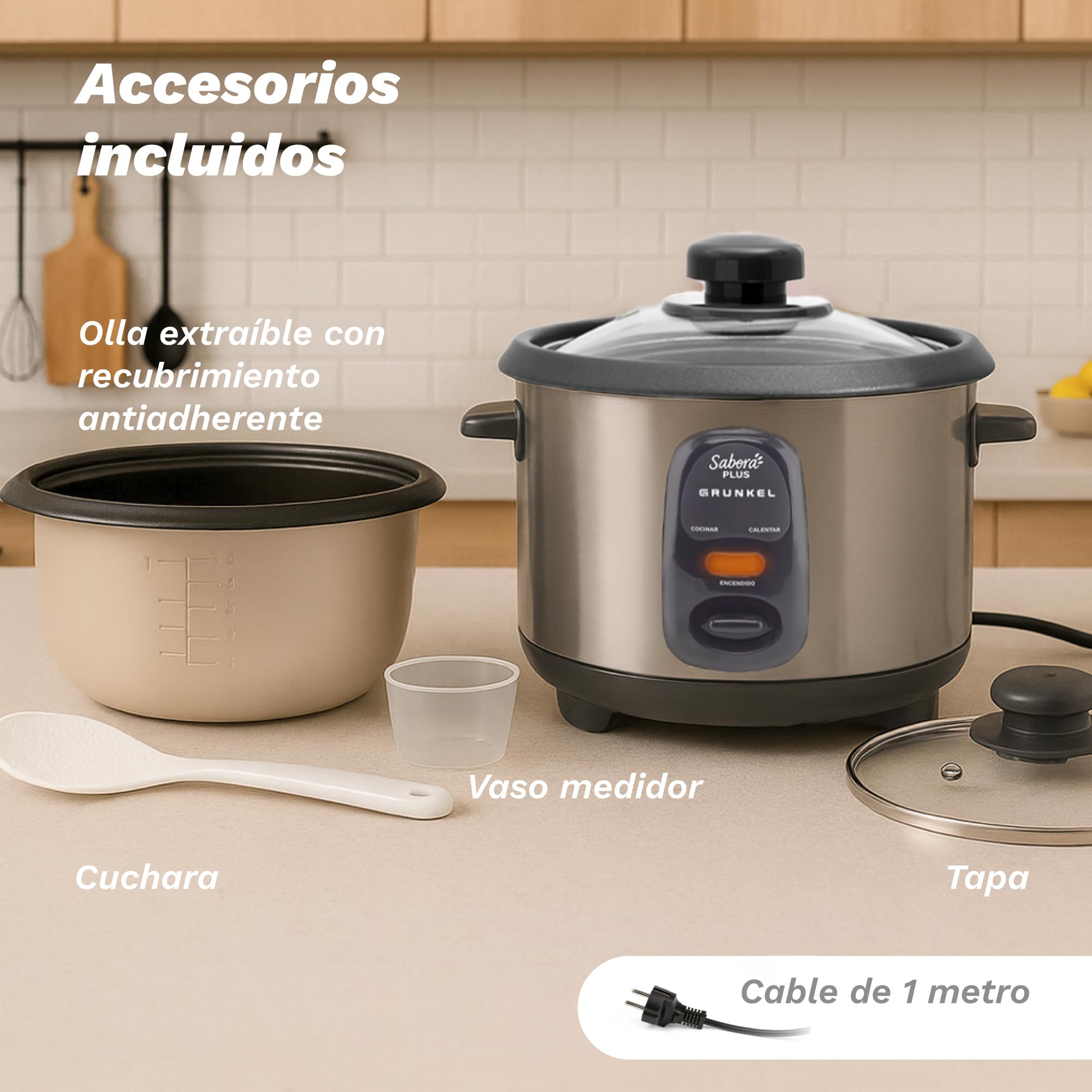 GRUNKEL - Arrocera Eléctrica RC-18L 700W | Capacidad 1,8 Litros | Función Mantener Calor | Cubeta Antiadherente | Exterior Acero Inoxidable | Indicadores Luminosos