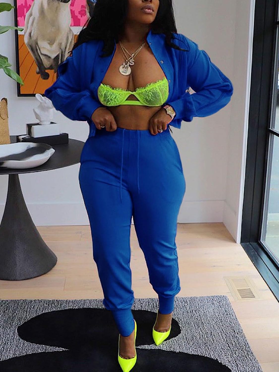 Akmipoem Sweatsuits for women Set 2 Piece Jogger Outfits Zipper Split Long Sleeve Button Down Crop Top and Pants Tracksuit - Image 3