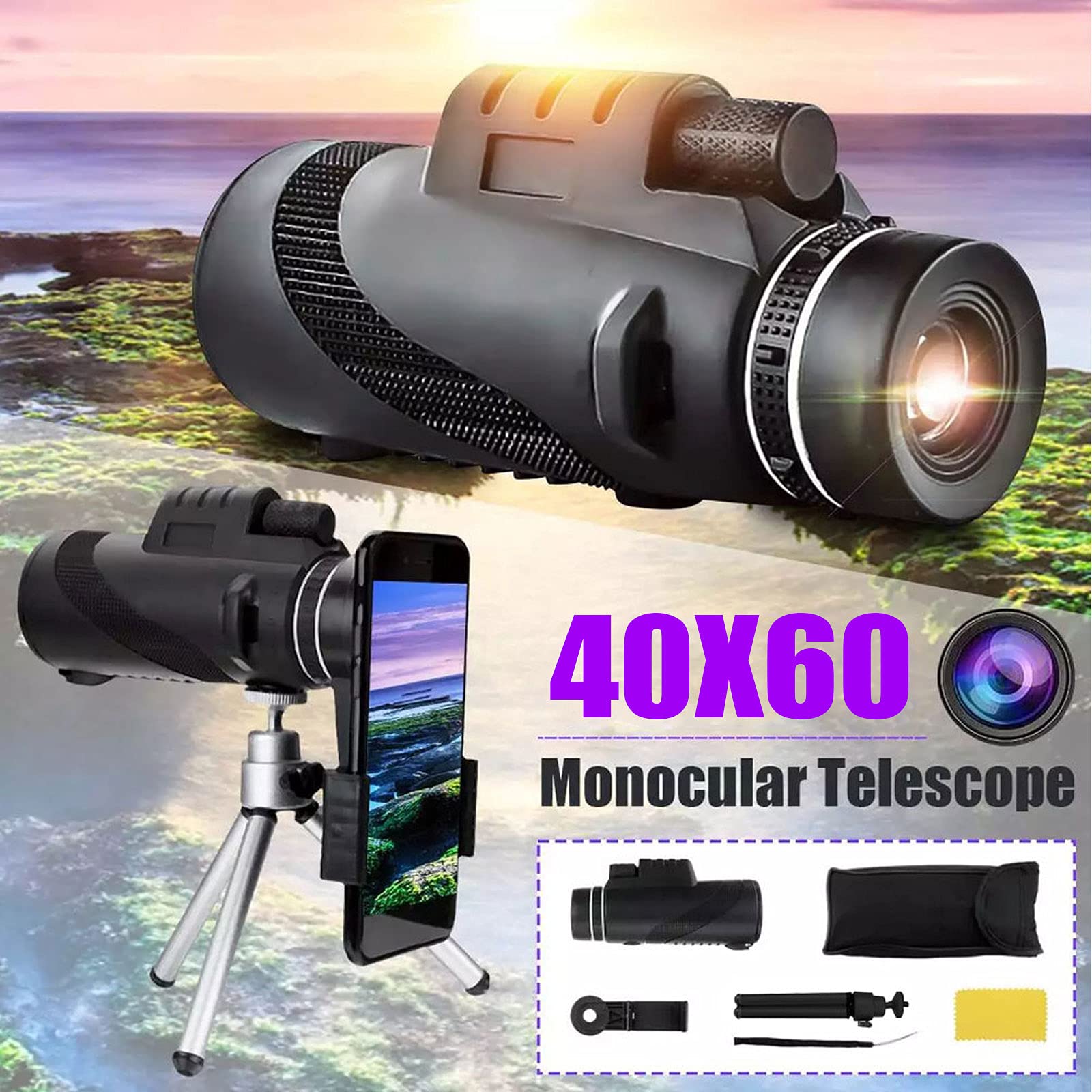 Teleskop monokularowy HD, teleobiektyw z zoomem 40X60, z uchwytem na smartfona i statywem Wodoodporny monokular - pryzmat, Lekki monokular z łatwym ustawianiem ostrości do polowania na obserwację pt