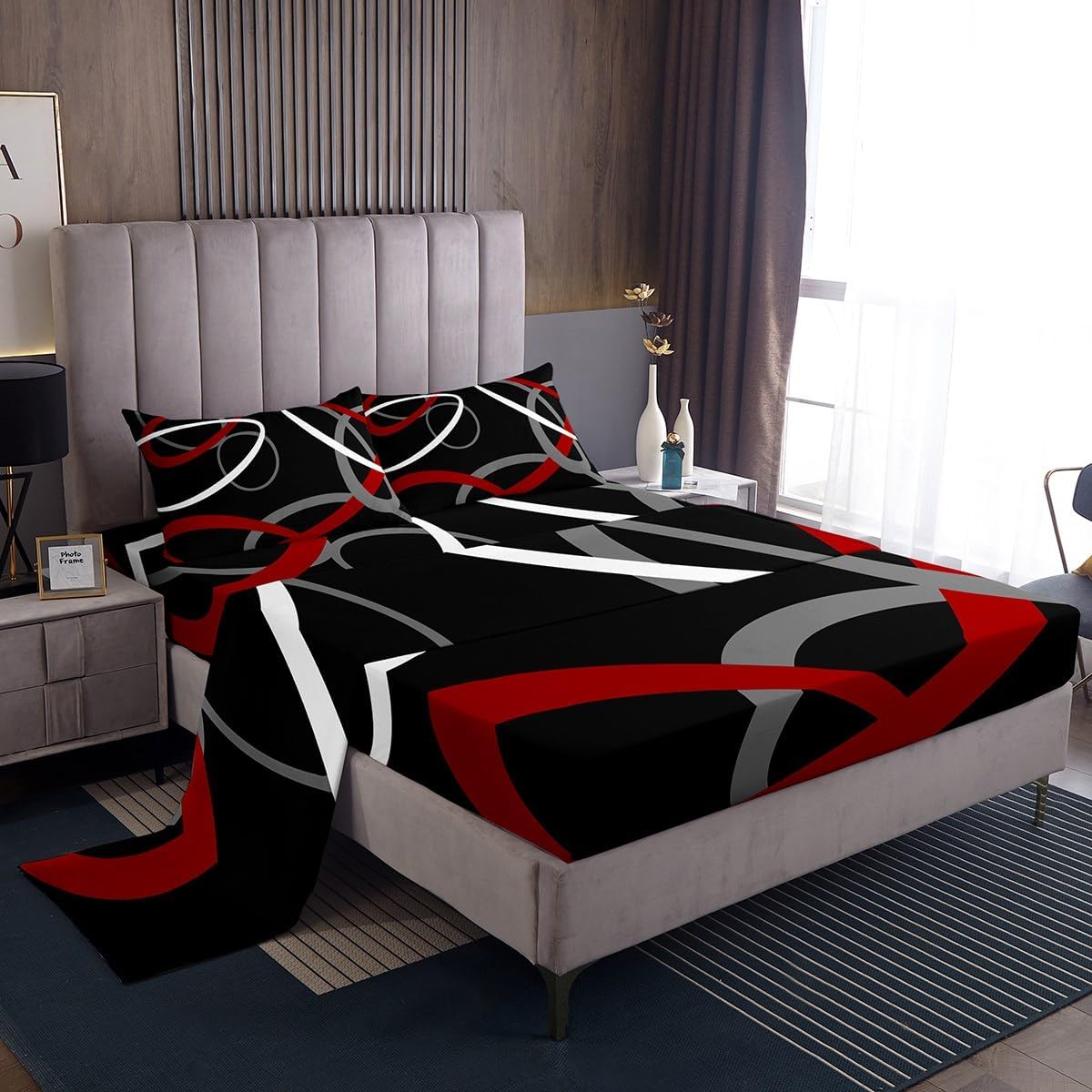 Feelyou Red Grey and Black Bed Sheets Set Full Geometric Swirl Sheet Set Retro Circle Sheets with Deep Pocket Fitted Sheet for Abstract Art Bedding with 2 Pillow Case
