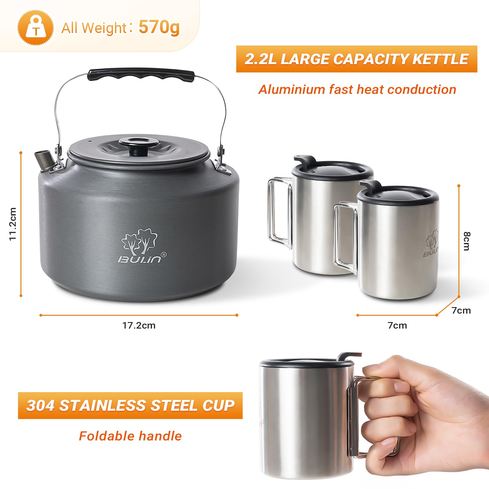 Bulin Tetera de Camping de 2,2 L con 2 Vasos, Hervidor de Agua, Taza de Acero Inoxidable con Tapa y asa Plegable para Exteriores, Pícnic, Senderismo