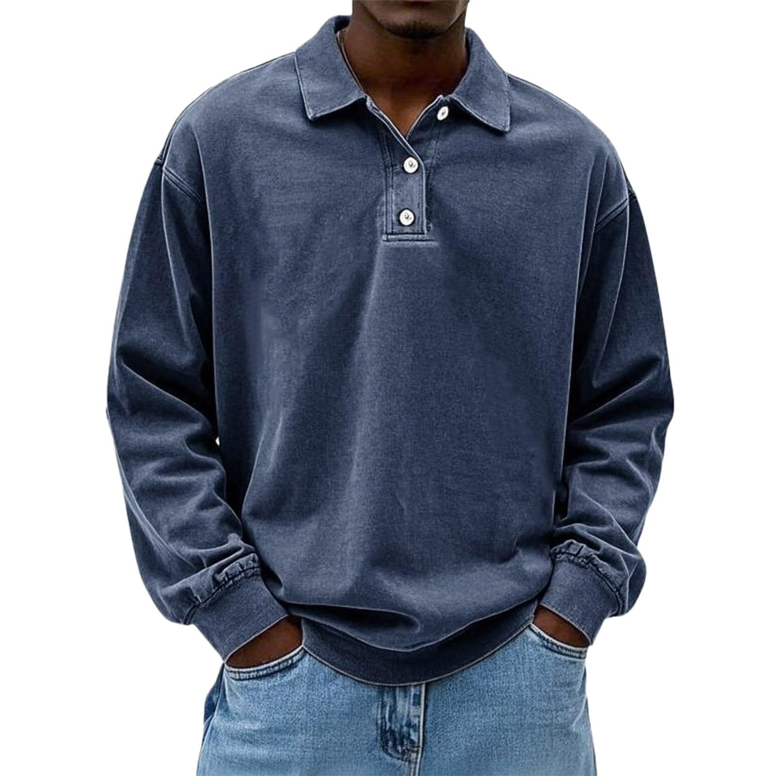 Polo de rugby vintage décontracté pour homme en coton confortable à manches longues et col boutonné