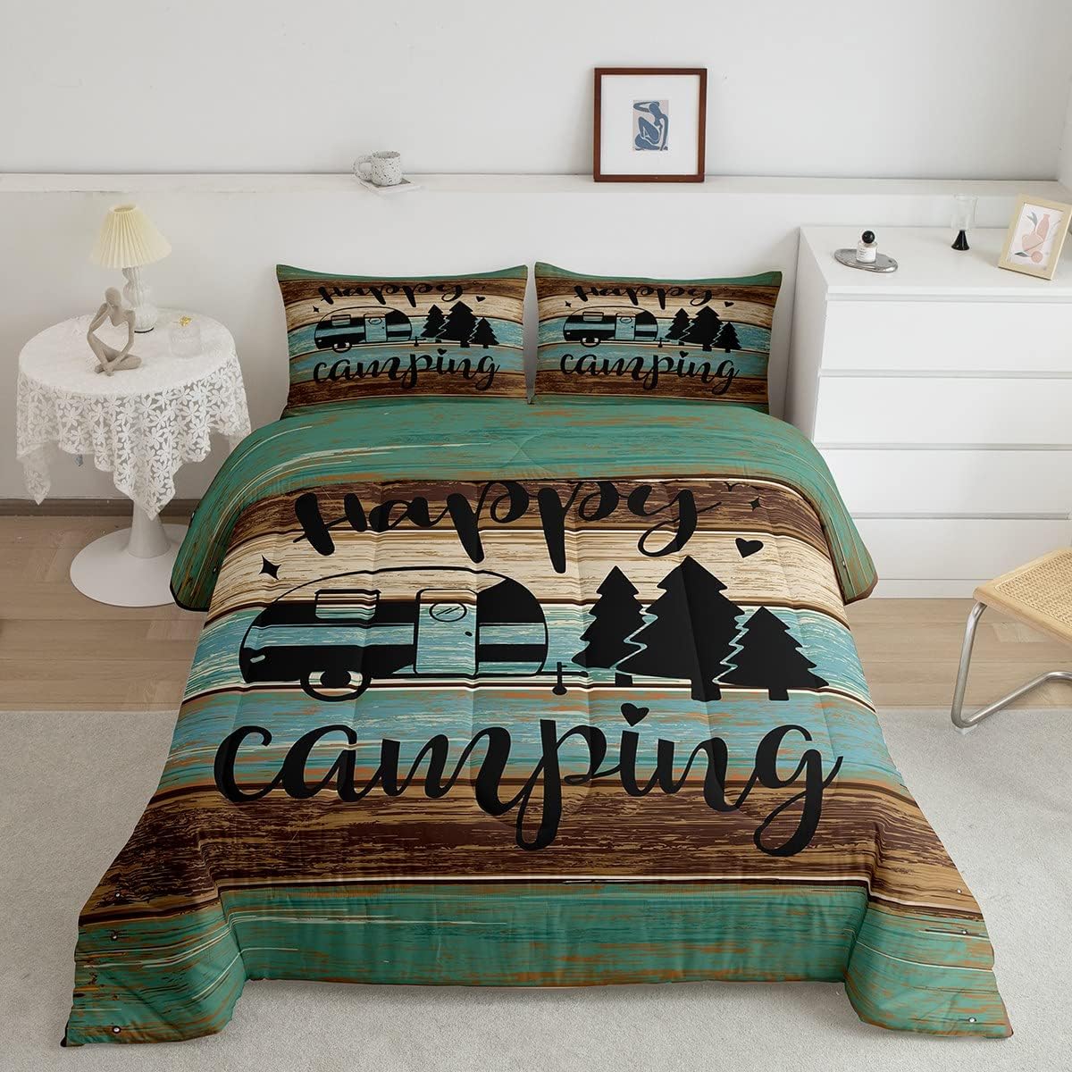 Happy Camping Bed Comforters Set Queen Size,RV Camper Travelling Super Soft Microfiber Bedding