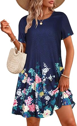 Summer Dresses for Women Casual Tshirt Short Sleeve Floral Sundress Beach Cover Ups with Pockets 2026