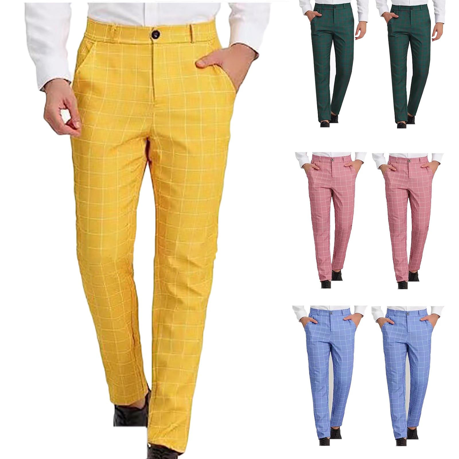 Pantalon chino pour homme avec imprimé écossais à l'avant plat, coupe régulière, taille réglable, pantalon jambe droite, poche infroissable, pantalon habillé intelligent, pantalon à carreaux