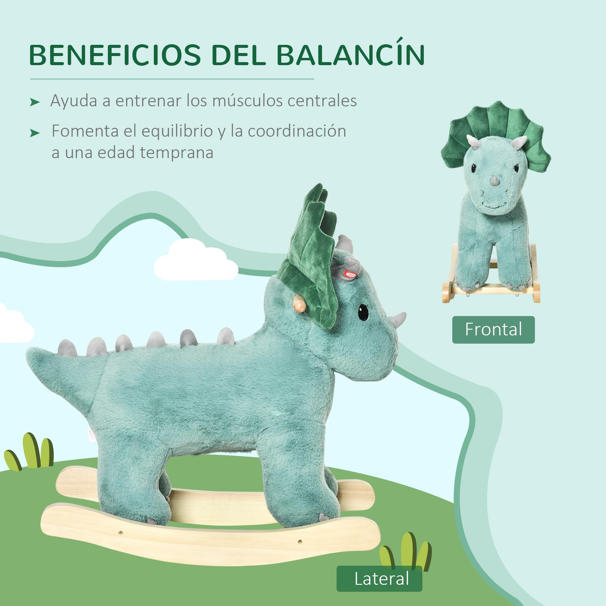 HOMCOM Caballito Balancín para Niños de +3 Años de Dinosaurio Balancín Infantil de Felpa con Sonidos Realistas y Base de Madera Asiento 36 cm Carga 45 kg 64x30x54 cm Verde Oscuro