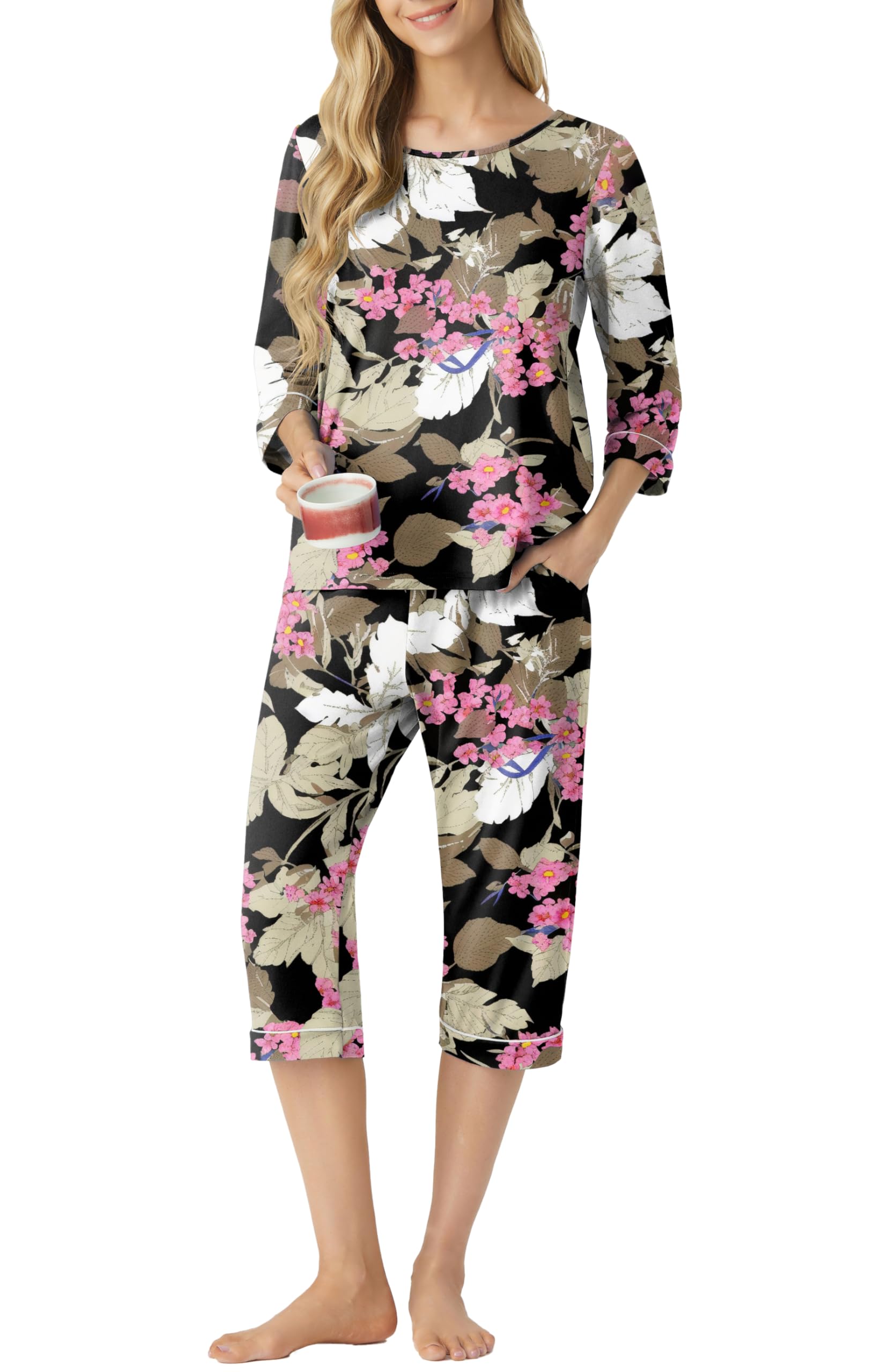 PrinStory Women's Pajama Set Capri Pjs Sets 2 Piece Soft Lounge Sets Sleepwear with Pockets