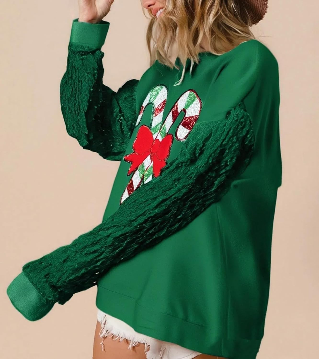 UAURORAO Christmas Sequins Sweatshirts Women Glitter Patch Crewneck Pullover Tops Sparkly Printed Xmas Long Sleeve Shirt - Image 3