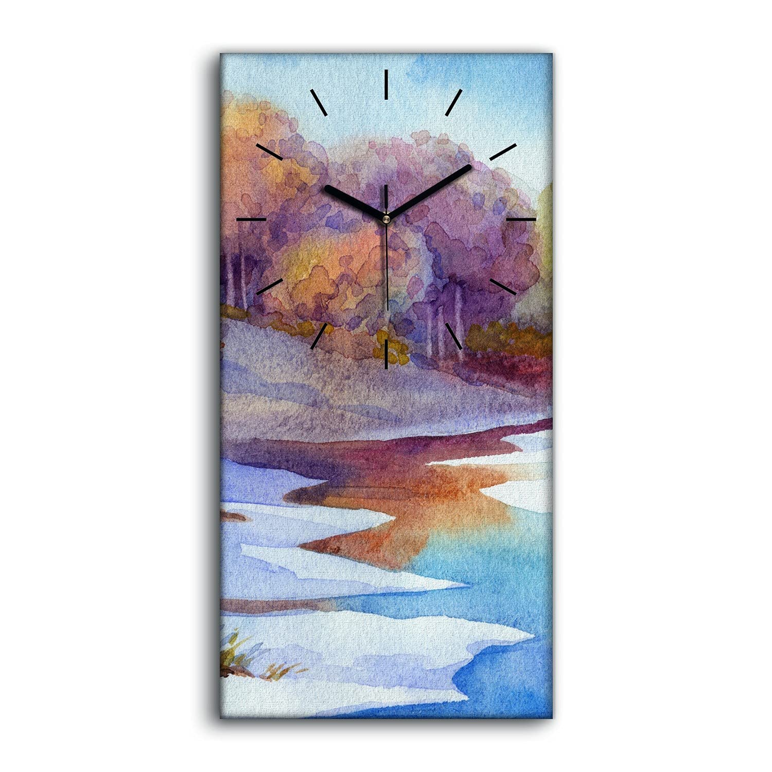 Horloge sur Toile Mains Noires Tableau Silencieux Aquarelle Arbres Rivière 30x60