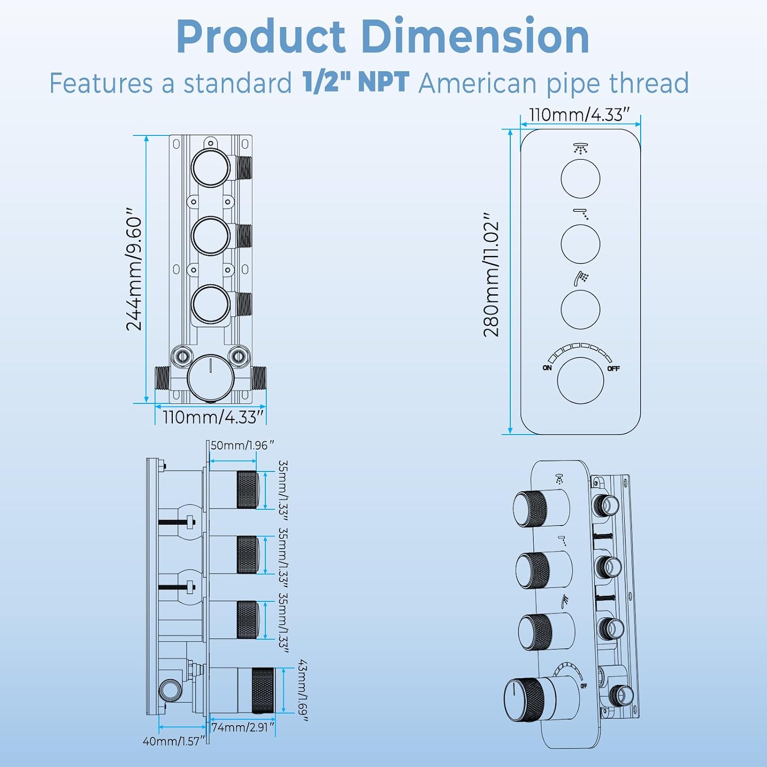 Push Button 3 Way Shower Diverter Mixing Smart Control Valve Multi-Function Diverter with Independent Controls,Brushed Gold