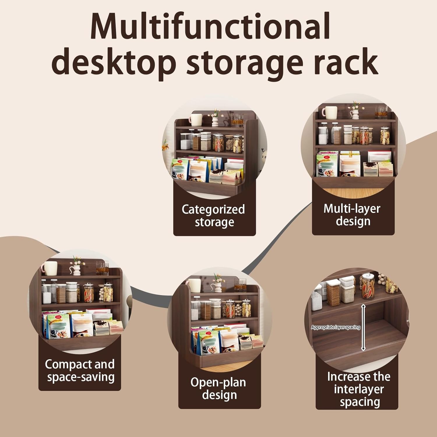 Organizador de madera para encimera y estante de almacenamiento, estante de despensa de 3 niveles, soporte para tazas de café para cocina, sala de estar, dormitorio, oficina