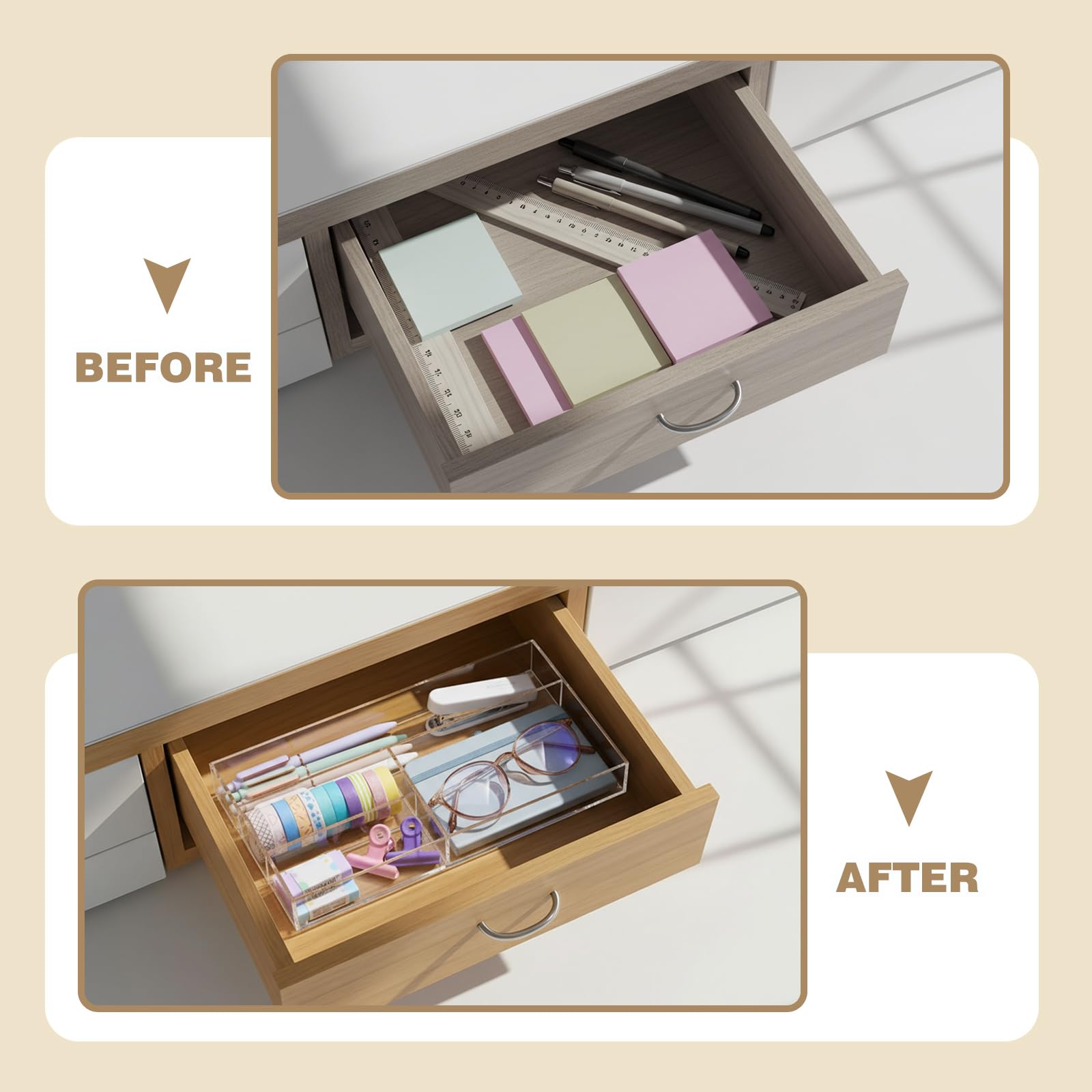 Briwooody Organizador acrílico para cajones de escritorio de 11 x 6.1 x 1.38 pulgadas, organizador de bandeja de almacenamiento para bolígrafos, papelería, escritorio, oficina, baño, cocina