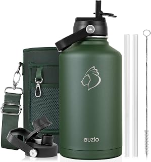 BUZIO 64oz Insulated Water Bottle with Straw Lid and Spout Cap, Stainless Steel Powder-Coat Water Flask, Keep Beverage Cold for 48 Hrs Hot for 24 Hrs Simple Thermo Canteen Mug, Jungle Green