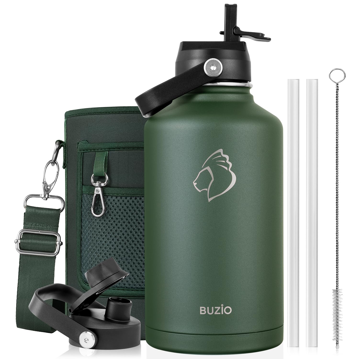 Stainless Steel Water Bottle 2L, BUZIO Vacuum Insulated Water Bottle with Straw Lid and Flex Cap Cold for 48 Hrs, Hot for 24 Hrs Double Wall Wide Mouth BPA Free Leak Proof, Jungle Green