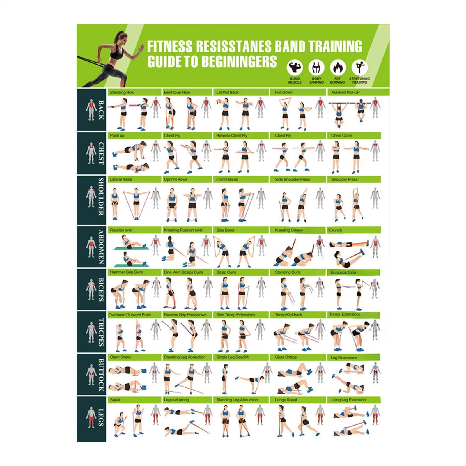 Resistance Bands Poster - 42.8x57.4cm Workout Exercises Poster, Resistance Bands Guide Planner With Illustrations, Training Posters, For Stretching Yoga Training Men Player Indoor Outdoor Offices