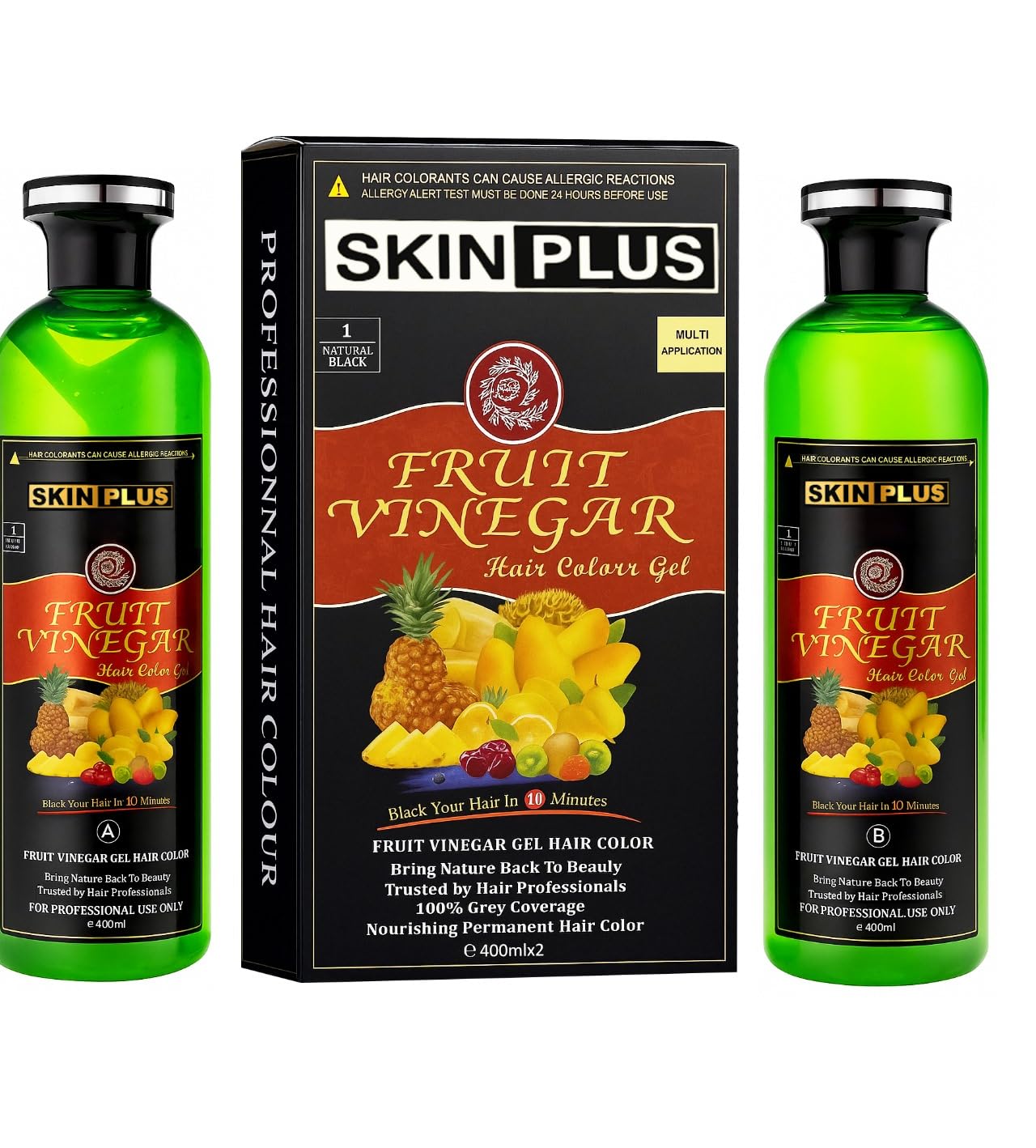 SKINPLUS Ammonia Free Fruit Vinegar Hair Color Gel | Natural Black | Nourishing Hair Dye with Shine & Softness | 400ml × 2