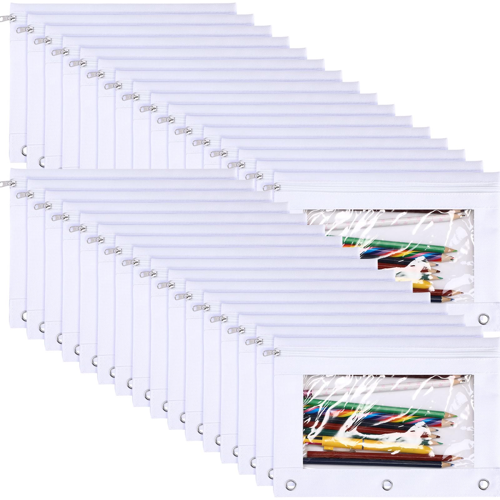 Marspark 30 Packs Pencil Pouch 3 Ring Binder Pen Pouch Cloth Pencil Pouches Zipper Pen Case Bag with Clear Window for School Office Writing Supplies