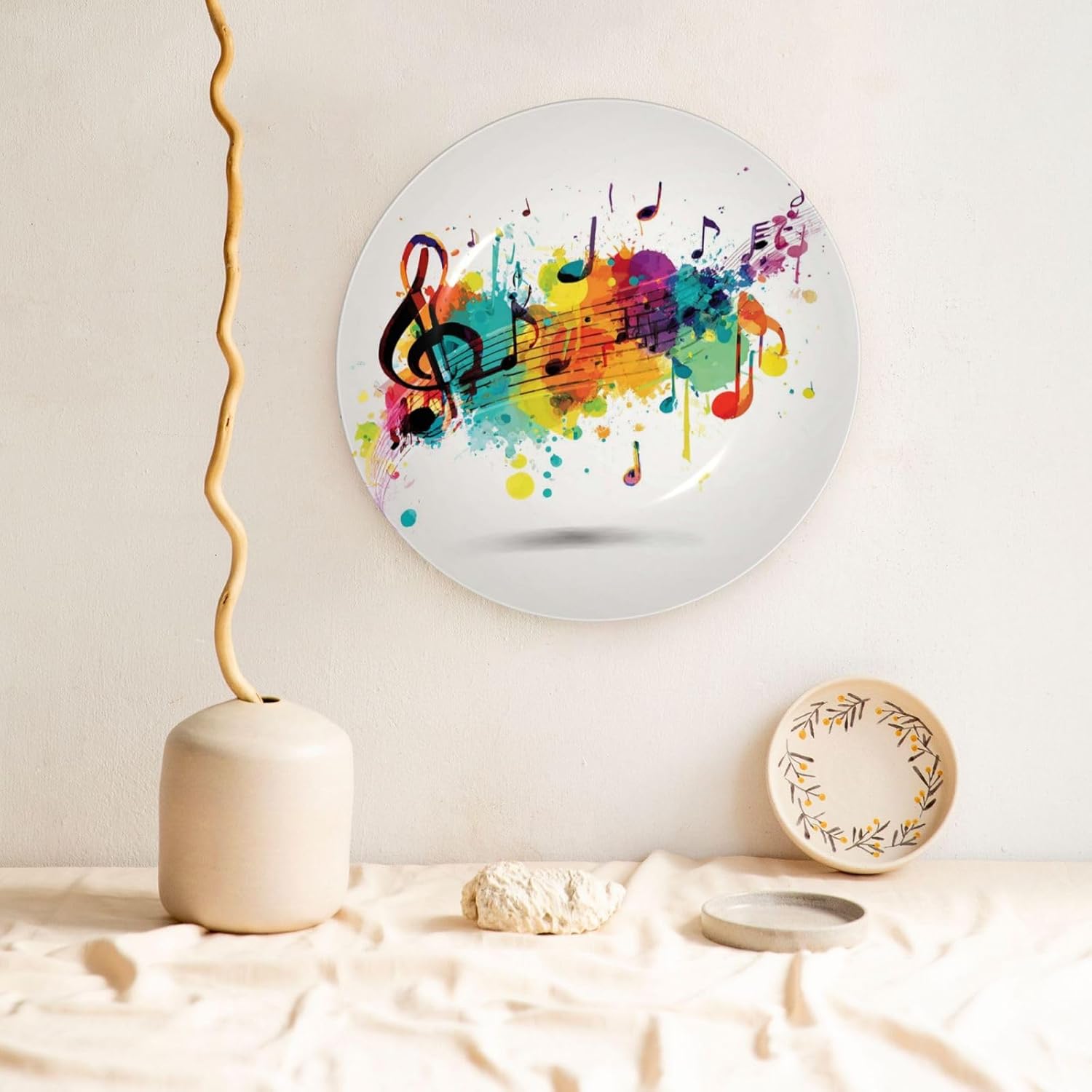 Bone China Decorative Plate with Display Abstract Music Themed Ceramic Plates Crafts Art Decor Dessert Plate Ceramic Ornament Porcelain Plates for Living Room Kitchen Table Home Decor