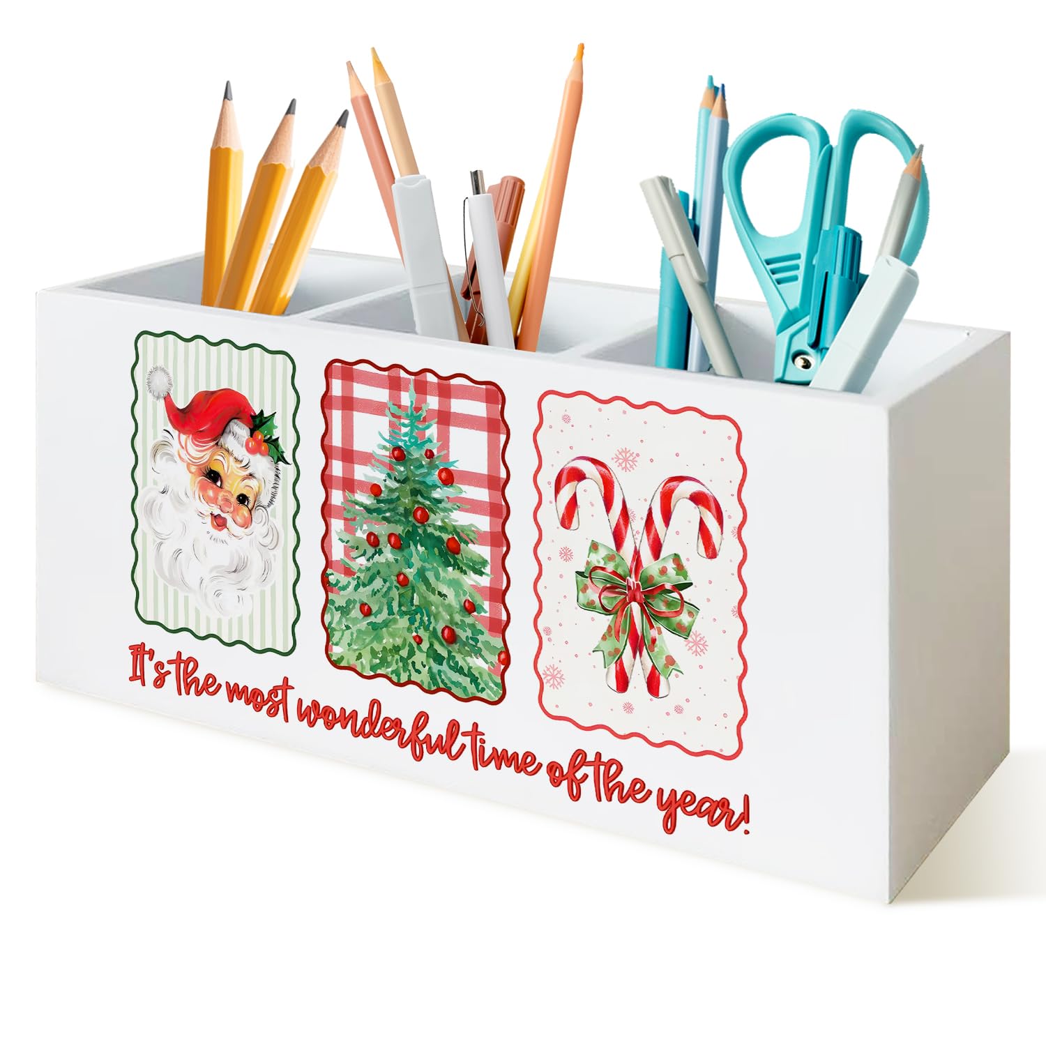 Red Preppy Vintage Christmas Santa Pen Holder for Desk,Winter Xmas Santa Claus Holiday Wooden Box Sign Desk Decor for College Girls Dorm Home Office Decoration,Girly Gifts for Women