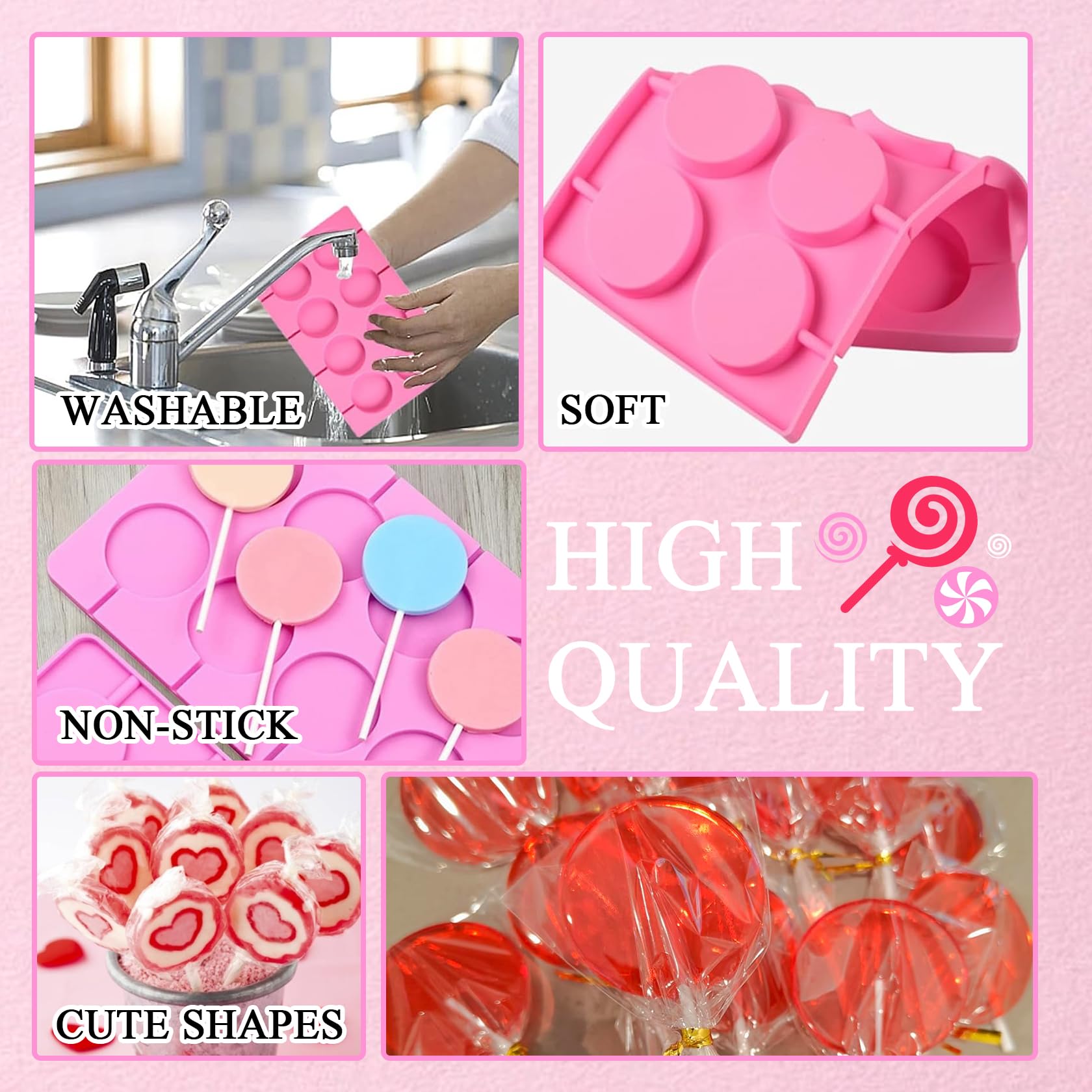 2 moldes de silicona para chocolate duro, kit de moldes redondos antiadherentes de silicona con 20 palos, 20 cuerdas doradas y 100 bolsas, para dulces, paneles, gelatinas, pan, etc.