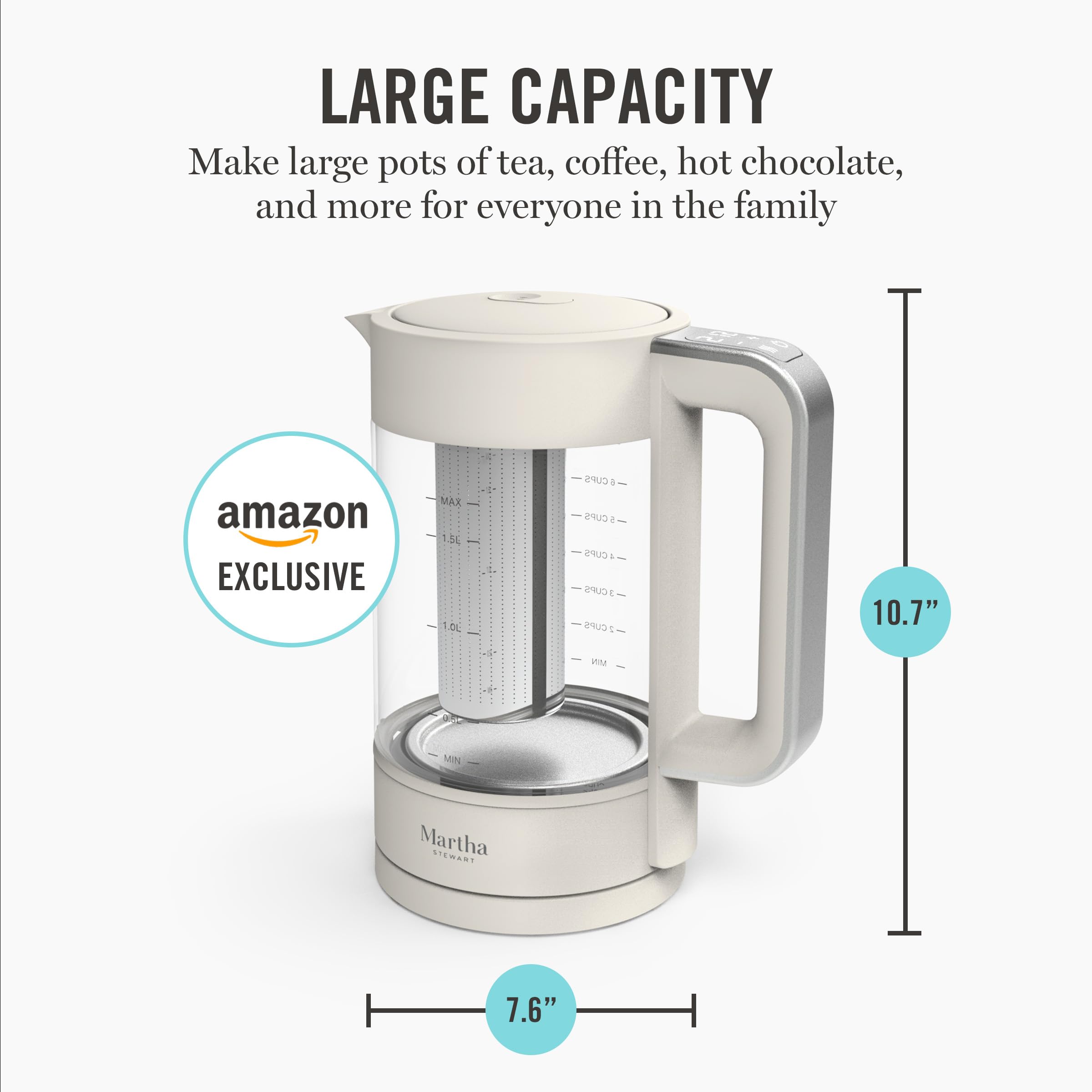 Martha Stewart  Electric Kettle with Removable Stainless Steel Tea Infuser, Glass Carafe 1.7L (7 Cups), Hot Water Boiler, 4 Presets, Keep Warm & Auto Shut-Off, Cordless 360° Swivel Base, Linen White - 4