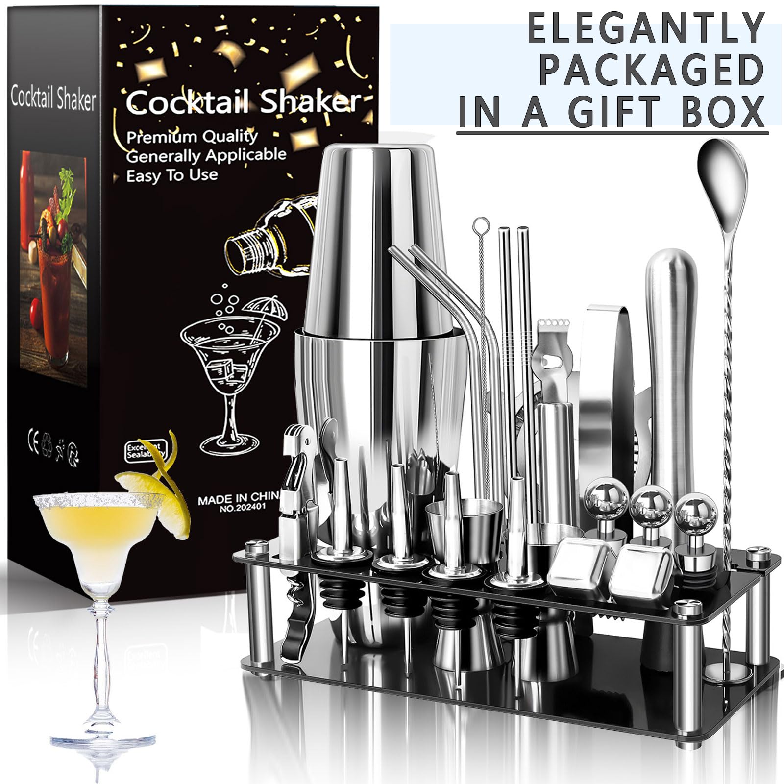 23 piezas Coctelera para Cócteles Kit Con Soporte acrílico acero inoxidable Profesional Barman Herramientas con Mortero de Cóctel colador Cuchara set de regalo para Mezclar Bebidas,Barra,hogar