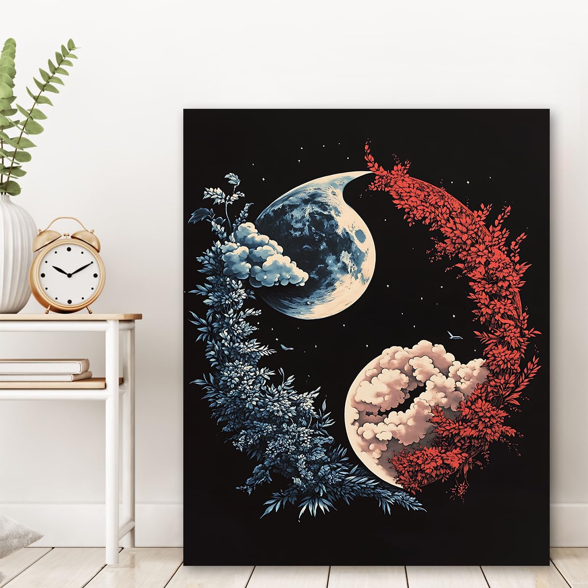 Via Vela Esthétique Lune Toile florale Art mural Affiche planète Peinture Nature Yin Yang Fresques modernes pour salon Chambre Décoration intérieure 45x60cm