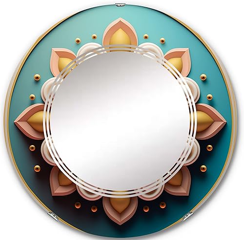 DesignQ Abstract Blooming Flower in Gold Black and Pink- Vanity Mirror, Bathroom Mirrors, Wall Mirrors for Living Room, Bedroom - Oval Mirror -