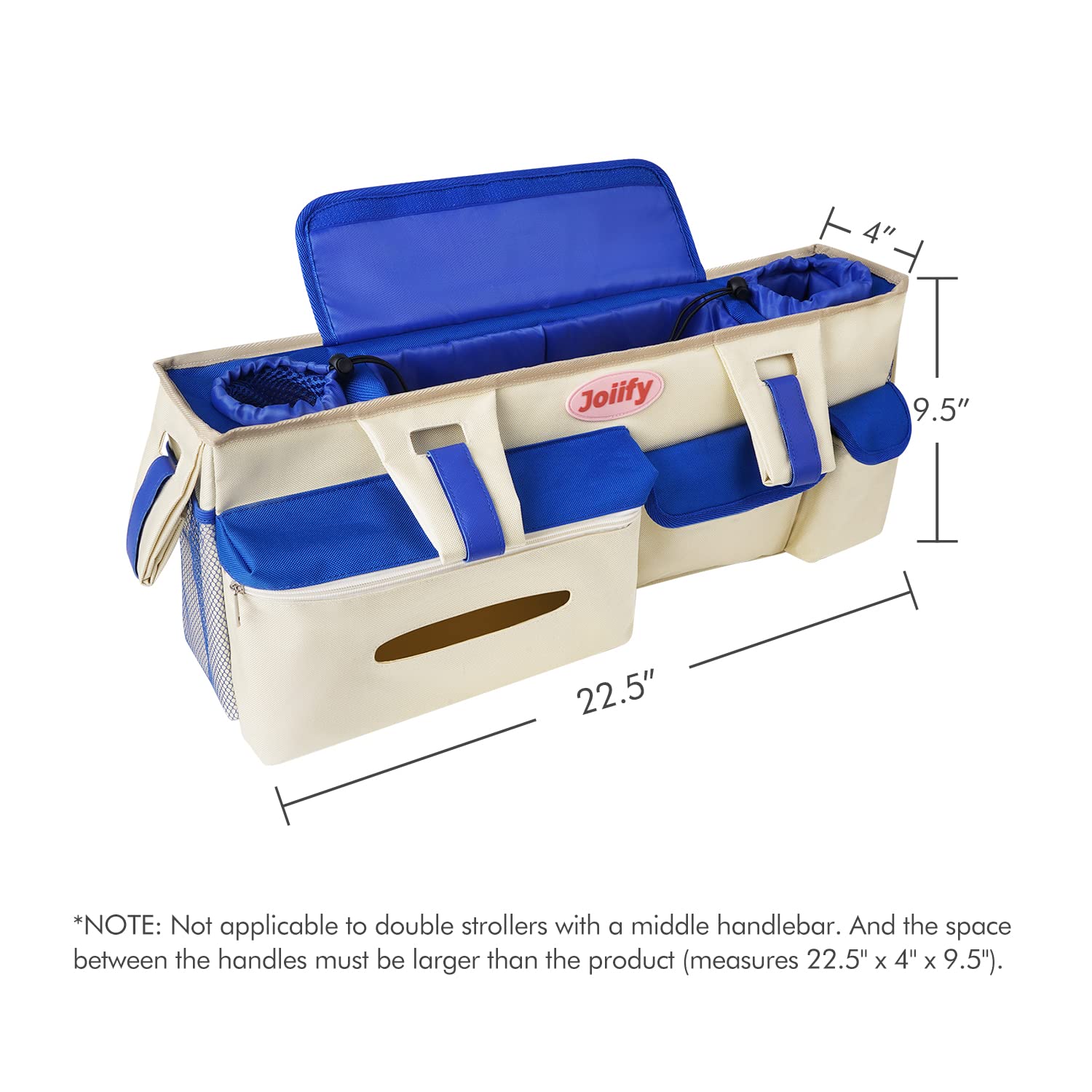 Organizer doppio per passeggino con 2 portabicchieri e 4 tasche con coperchi, grande borsa portaoggetti per passeggino BOB Duallie Double e Baby Jogger City Mini GT