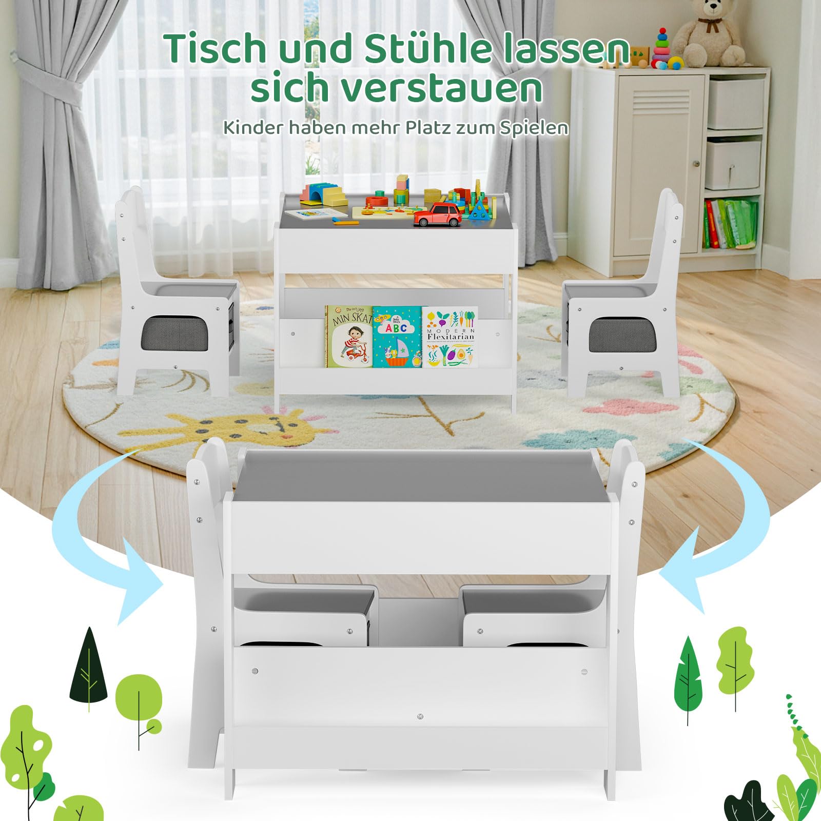 MAMIZO Table pour Enfant avec 2 Chaises, 3 en 1 Ensemble de Table et Chaises, Mobilier Enfant en Bois avec rangements et étagères, avec Plateu Réversible, 3-7 Ans, Salle des Enfants, Gris