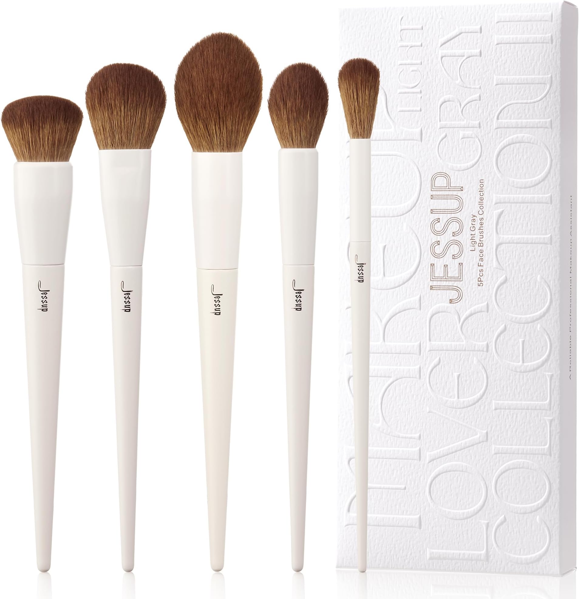 Makeup Brush Set 5Pcs Face Makeup Brushes Vegan Soft Foundation Brush Blush Brush Bronzer Contour Brush Highlighter Brush Fluffy Setting Powder Brush, Light Grey T493
