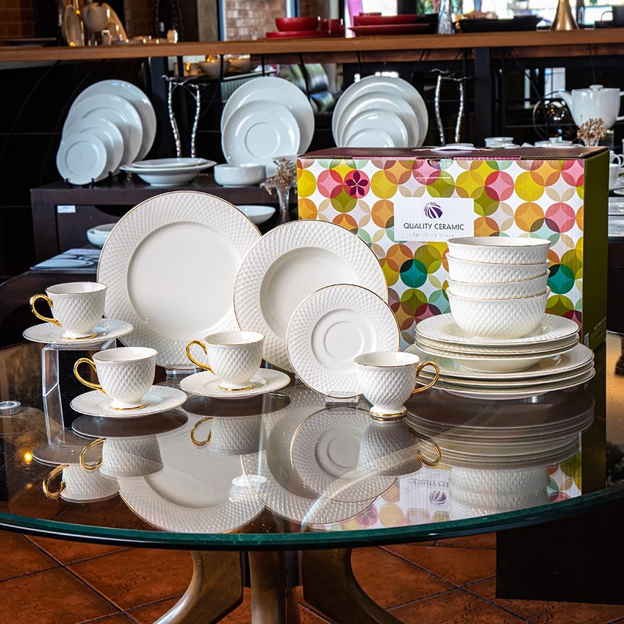 Luxurious-20-piece-service-for-4-24k-gold-trimmed-ivory-porcelain-dinnerware-set--Eclat-Gold-collection