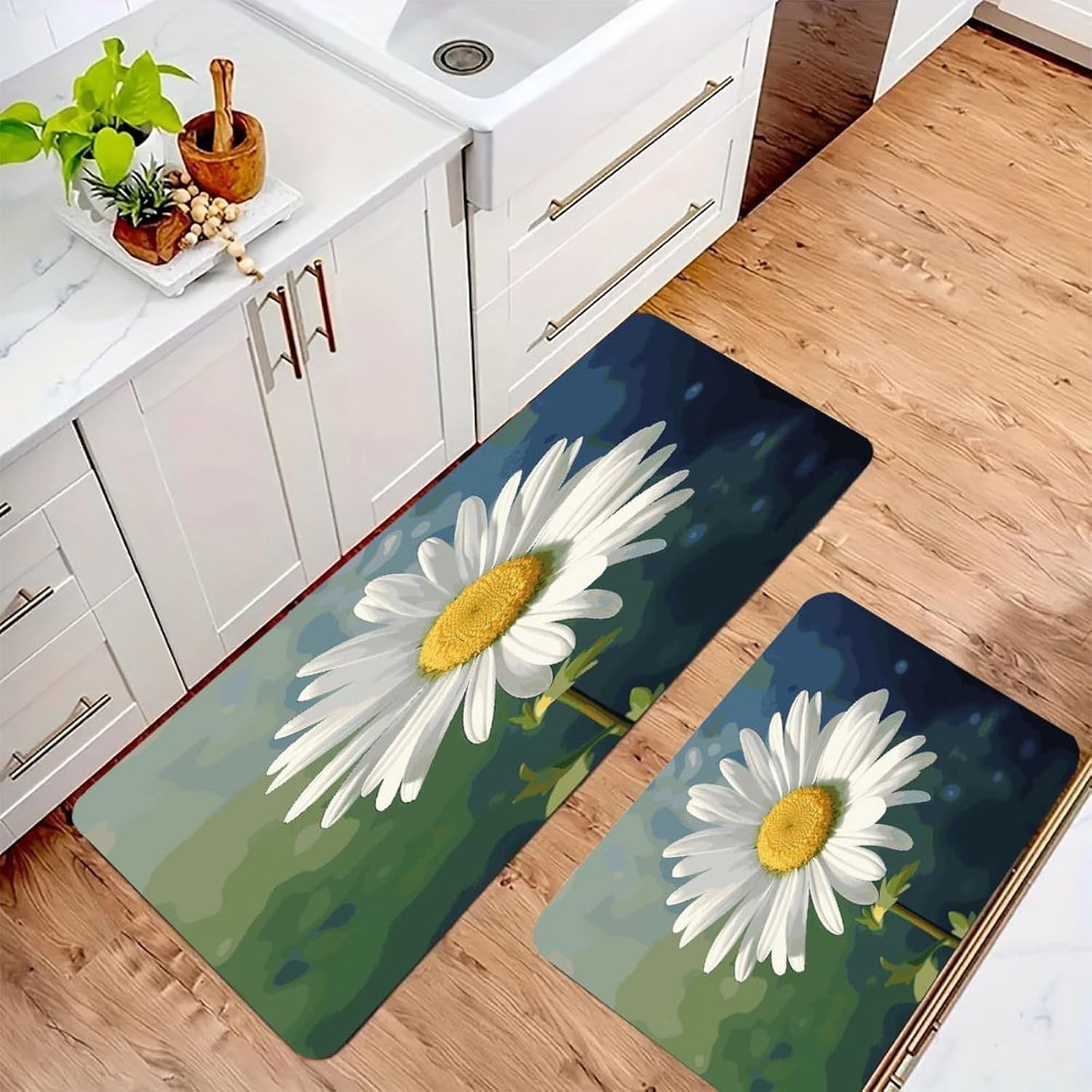 Daisy Flower Kitchen Mats with 2PCS Non-Slip Washable,Kitchen Rug Heavy Duty Durable, Floor Mats for Kitchen,Office,Sink,Laundry