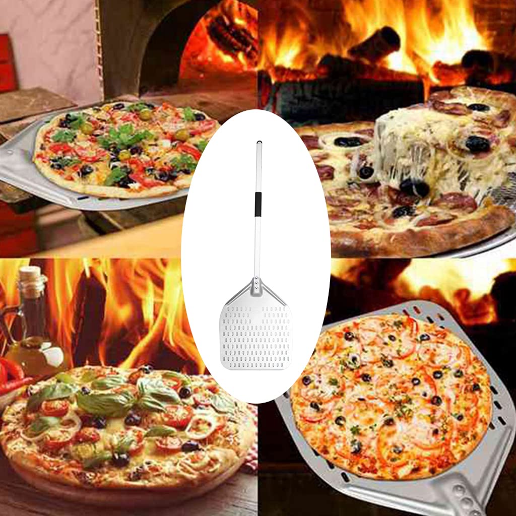 LOVIVER Pelle Pizza, Pelle a Pizza Perforée en Alliage d'Aluminium avec Manche Rétractable, Manche 40cm/80cm avec Pelle 12''/14'' pour Cuisine - 14 dans 80cm Poignée