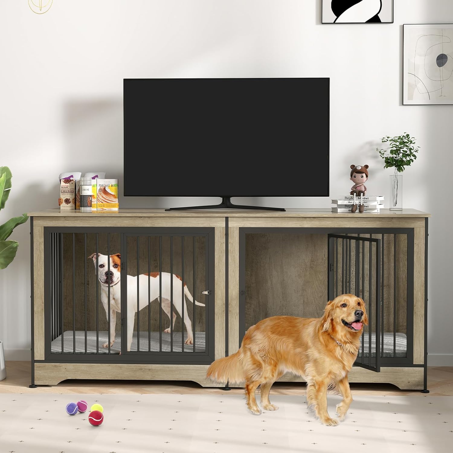 Rovibek 75 Inch Double Dog Crate Furniture, Wooden Dog Cage Furniture, Decorative Dog Kennels with Double Doors, Large Dog Crate TV Stand Kennel for 2 Large Dogs, Brown