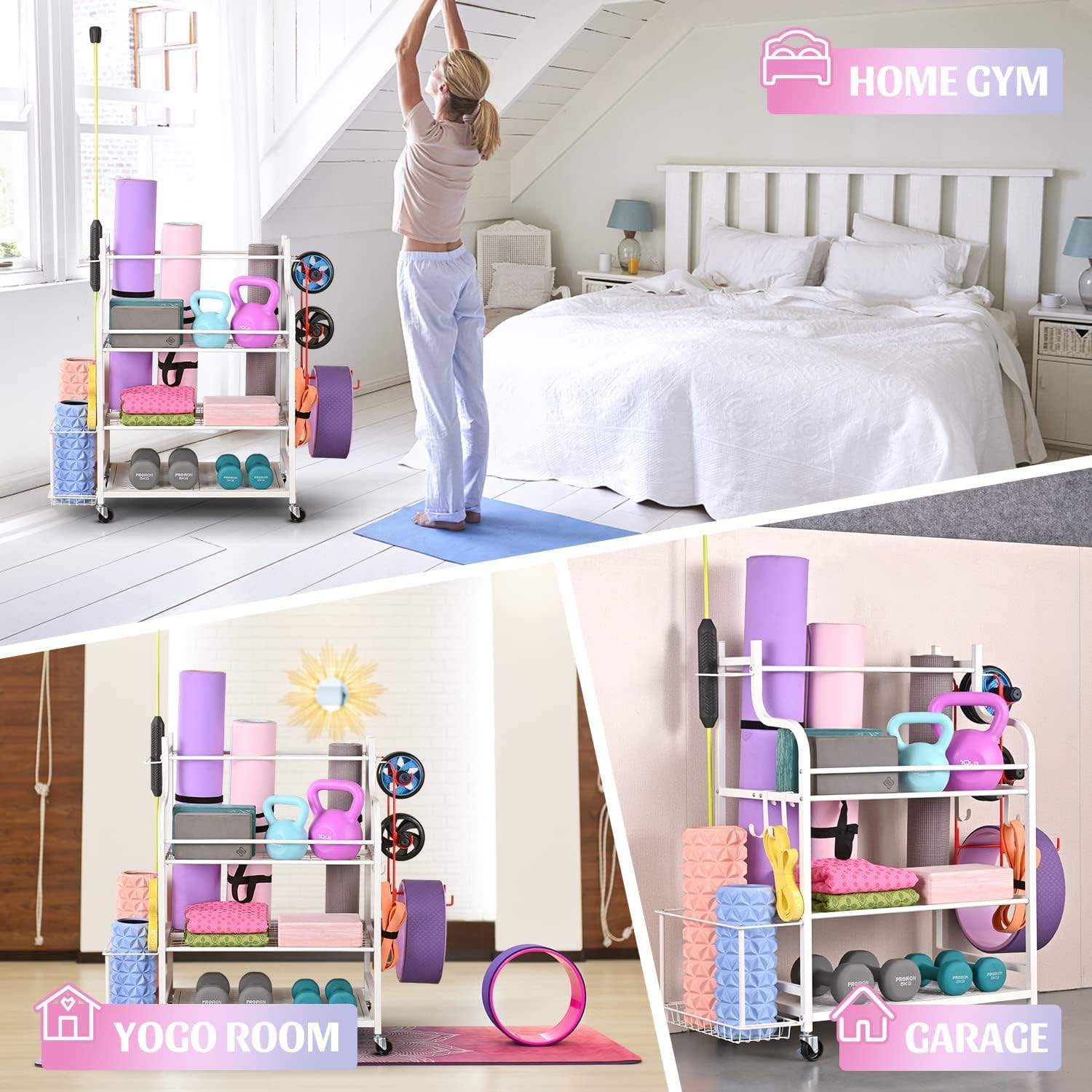 Mythinglogic Yoga Mat Storage Racks,Home Gym Storage Rack for Dumbbells Kettlebells Foam Roller, Yoga Strap and Resistance Bands, Workout Equipment Storage Organizer With Hooks and Wheels