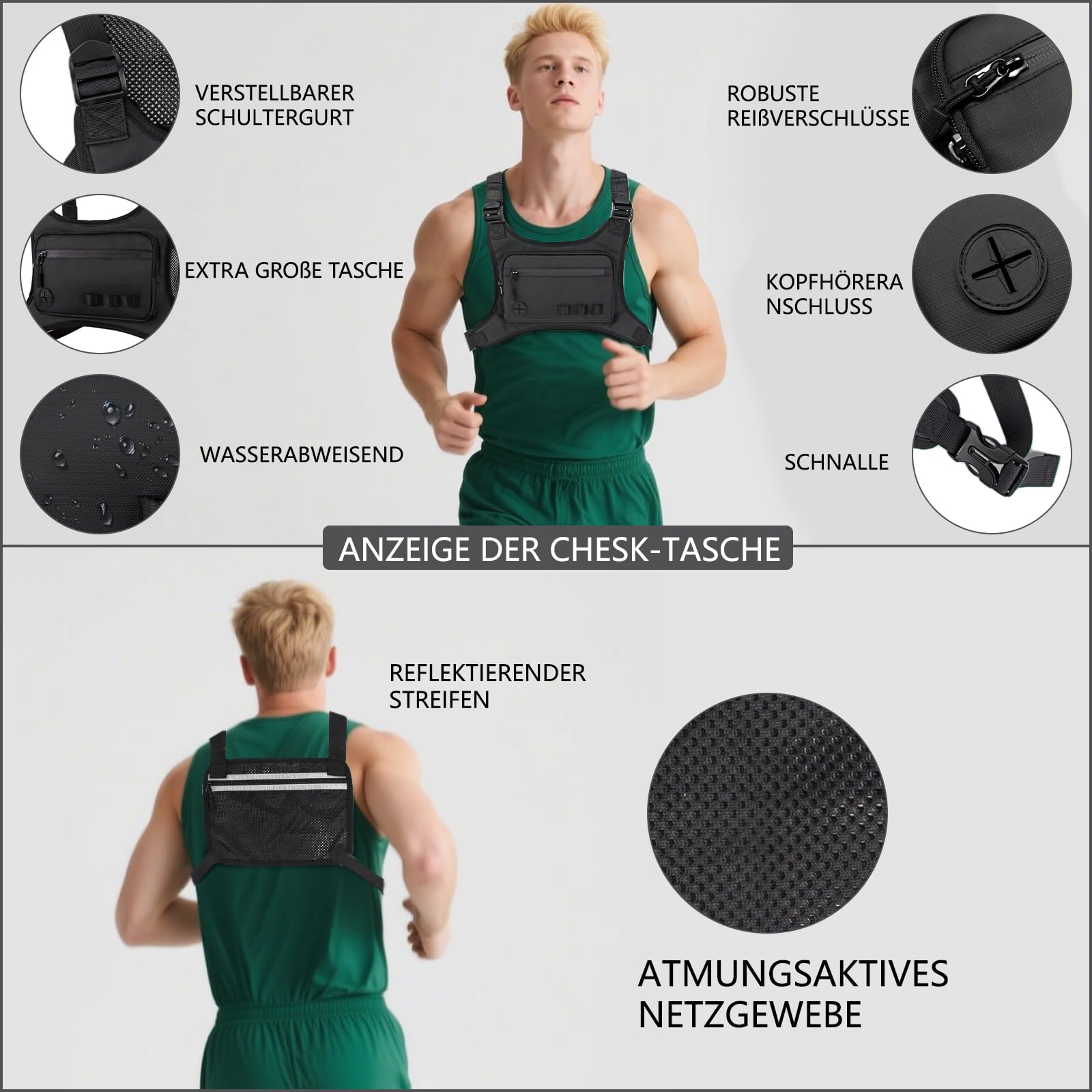 KINGSLONG Herren Brusttasche Leichte Taktische Brusttasche Sporttasche Schultertasche Wasserdichte Laufrucksack mit Tasche Zusätzlichem Stauraum für Traning Laufen Radfahren Wandern Camping Schwarz
