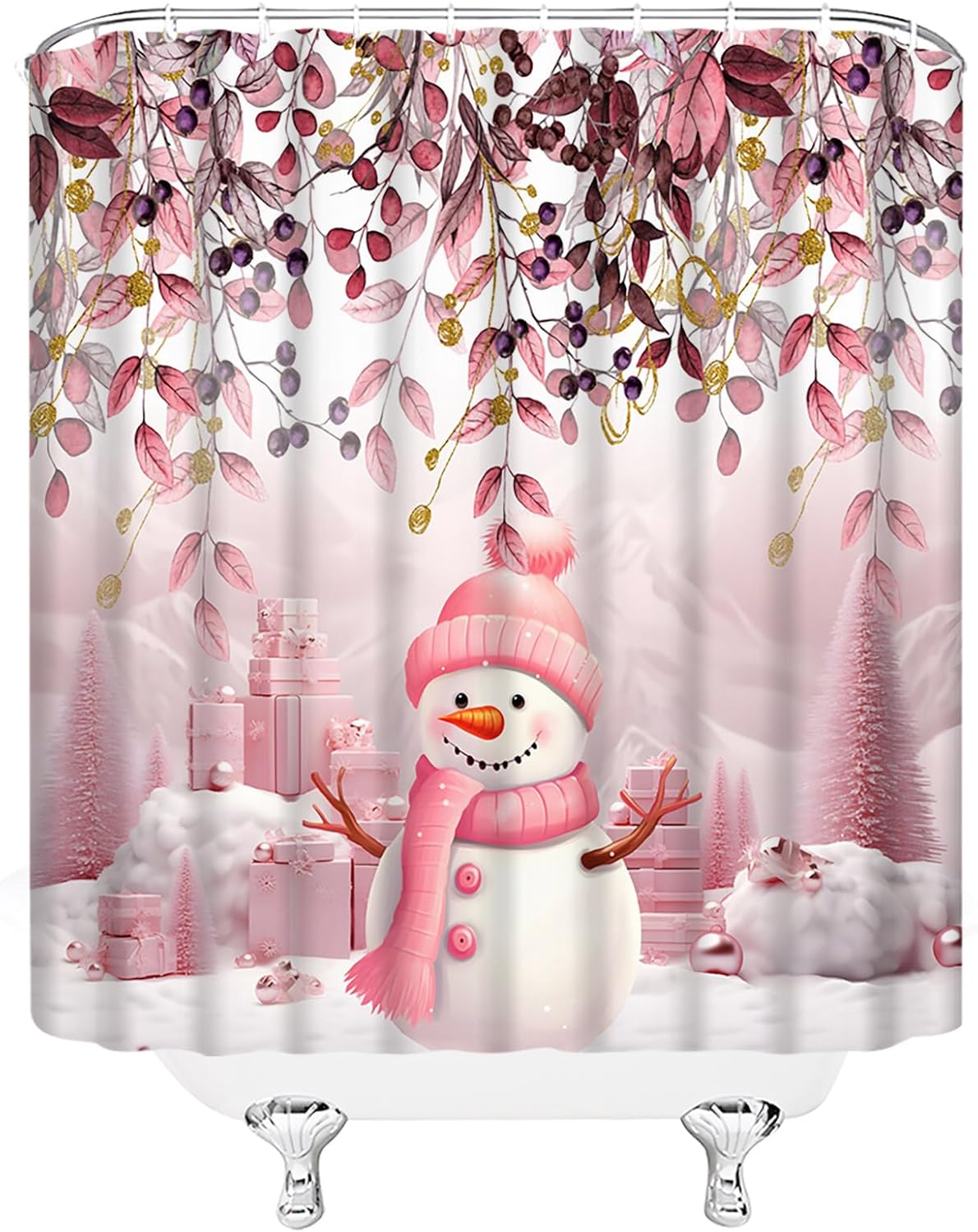 GCTNBJL Christmas Snowman Shower Curtain Cute Snowman Leaf Leaves Snow Winter Holiday Pink Extra Long Bathroom Home Curtain with Hooks,70x78 Inch