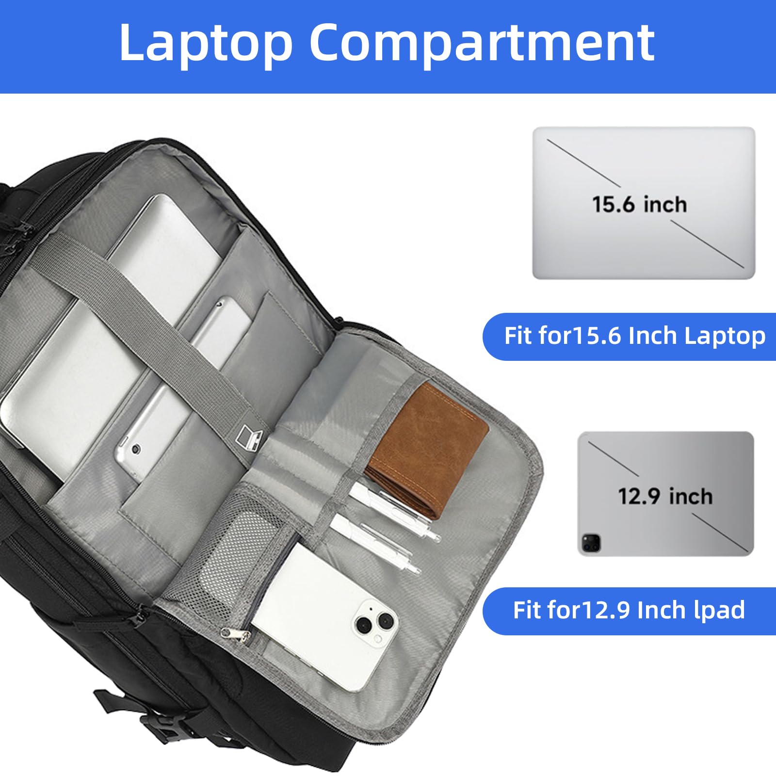 AUMTISC Zaino per computer portatile, 22 – 38 l, regolabile, grande capacità, borsa da viaggio per affari, laptop fino a 15,6 pollici
